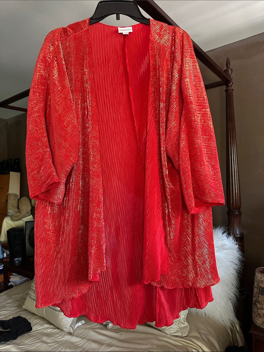 LuLaRoe Red Metallic Pleated Open-Front Tunic